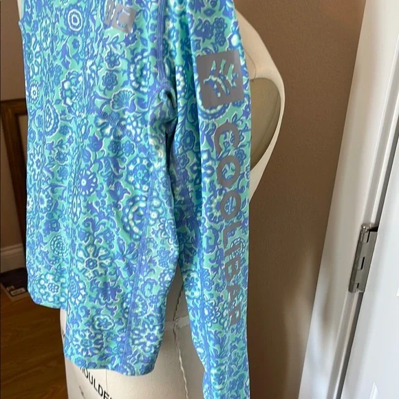 Coolibar SPF Blue and Green Patterned Hooded sun shirt
